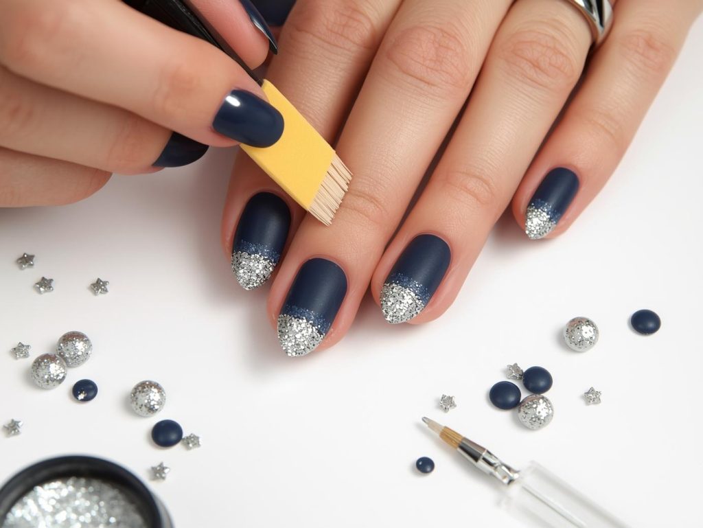 DIY Gel Nails: Stunning and Pinterest-Worthy Manicures to Adore 8 Creating matte navy silver glitter DIY gel nail art with silver glitter gradients