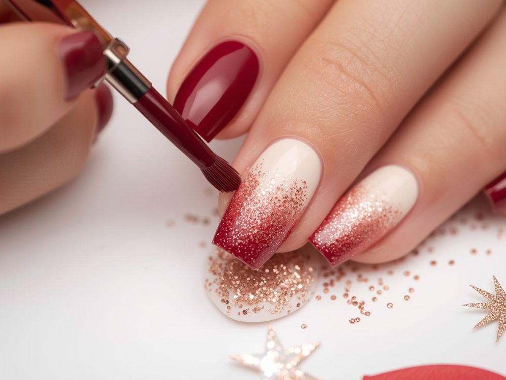 Creating wine red ombre nail art with rose gold glitter sparkles.