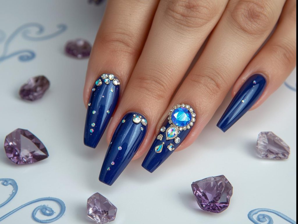 Creating iridescent aurora borealis crystal nail art with sapphire polish and crystals