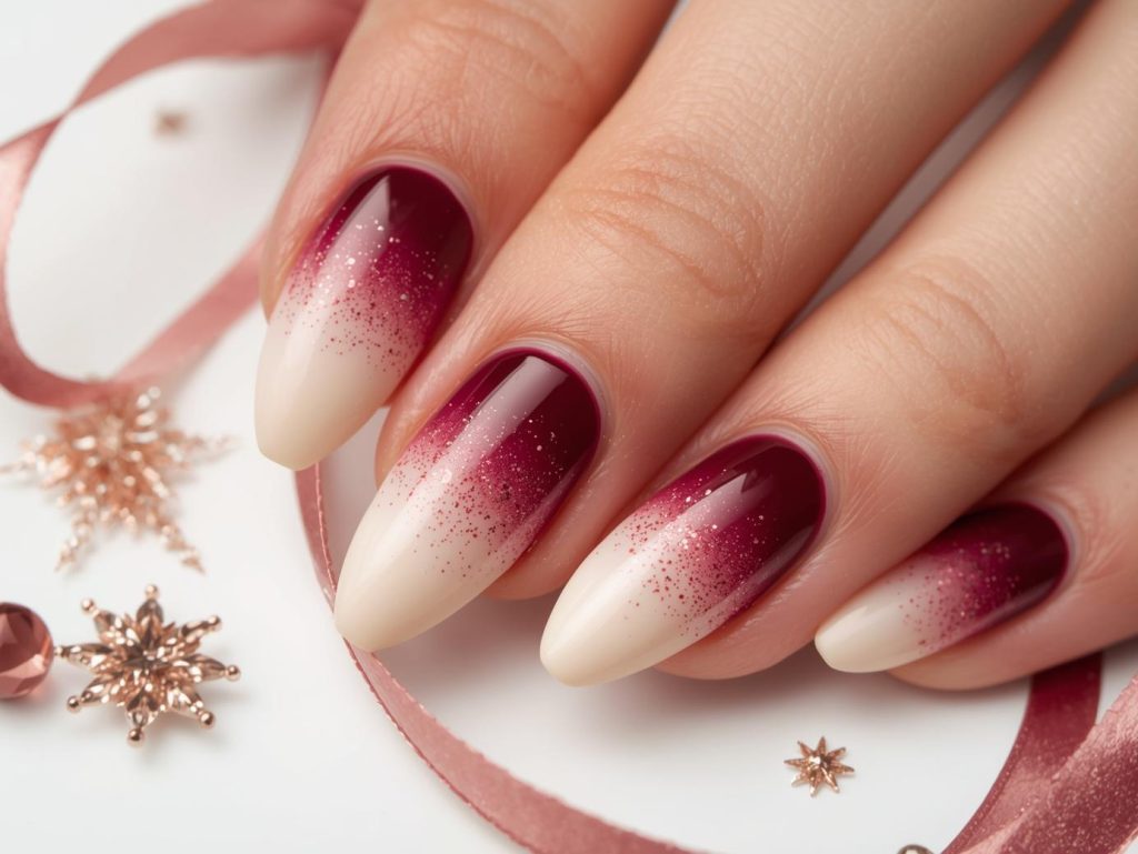 Creating burgundy ombre nail art with rose gold glitter sparkles.