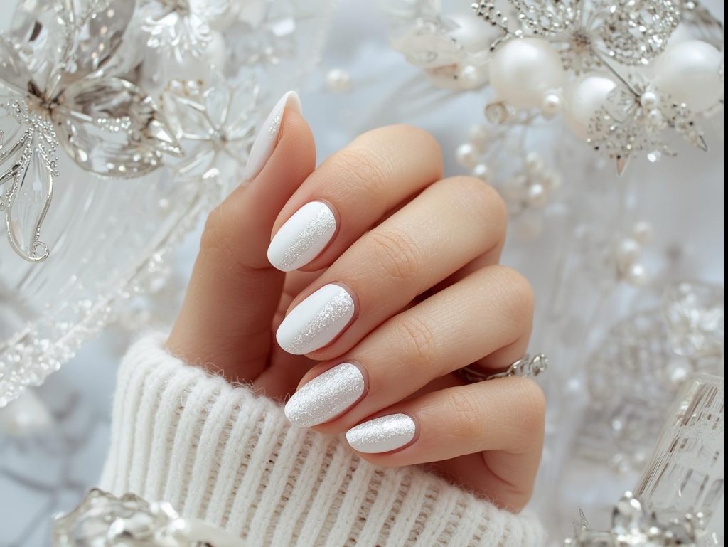 Creating pearlescent white frosted nail art with frost shimmer.
