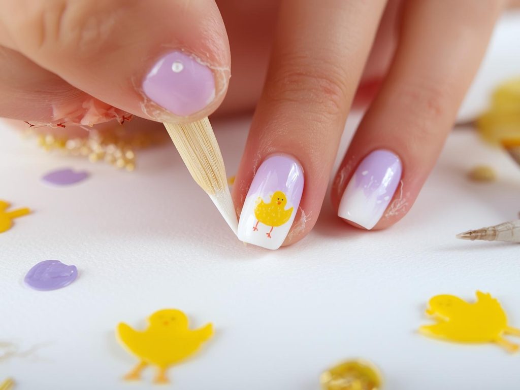 Easter Nail Designs: Playful and Pinterest-Worthy Manicures to Adore 8 Creating lavender ombre yellow chick nail art with yellow chick details.