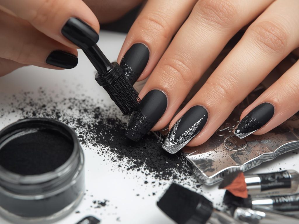 Creating matte black silver chrome dip powder nail art with silver chrome details