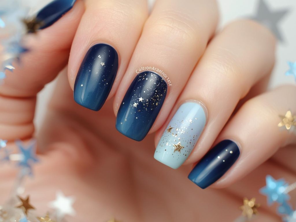 Creating deep blue ombre nail art with gold glitter star sparkles.