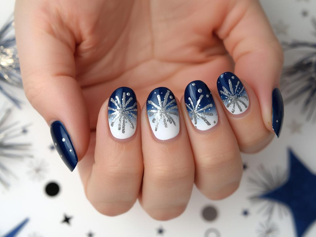 Creating navy blue ombre silver firework nail art with silver firework details.