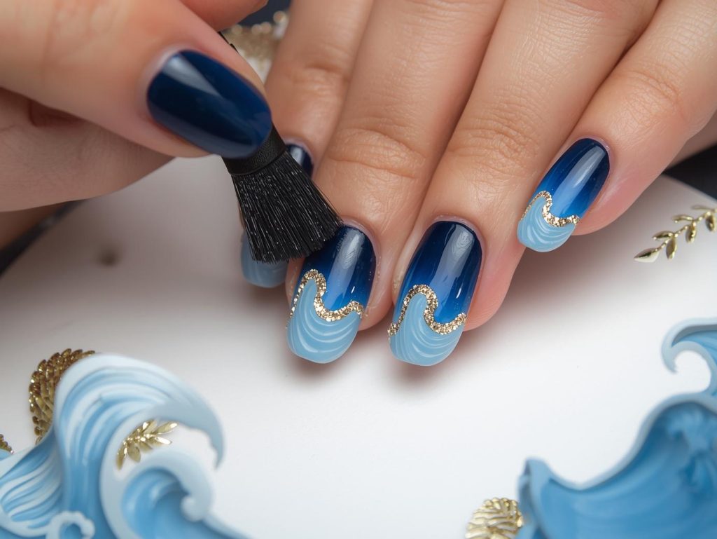 Navy Nail Designs: Bold and Pinterest-Worthy Manicures to Adore 8 Creating navy ombre nail art with gold glitter wave sparkles.
