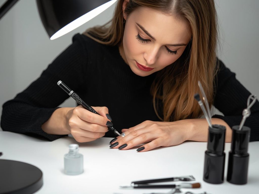 Nail Salon Inspiration: Stunning and Pinterest-Worthy Manicures to Adore 8 Creating matte black silver chrome swirl nail salon art with silver chrome swirls.