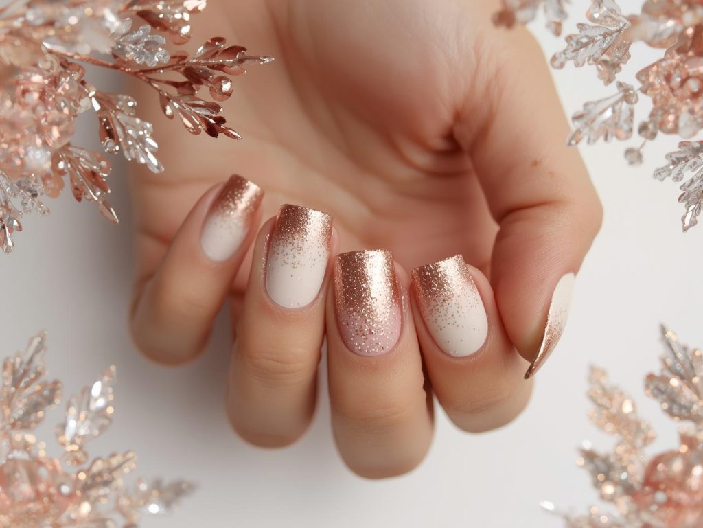 Creating rose gold ombre nail art with gold glitter sparkles.