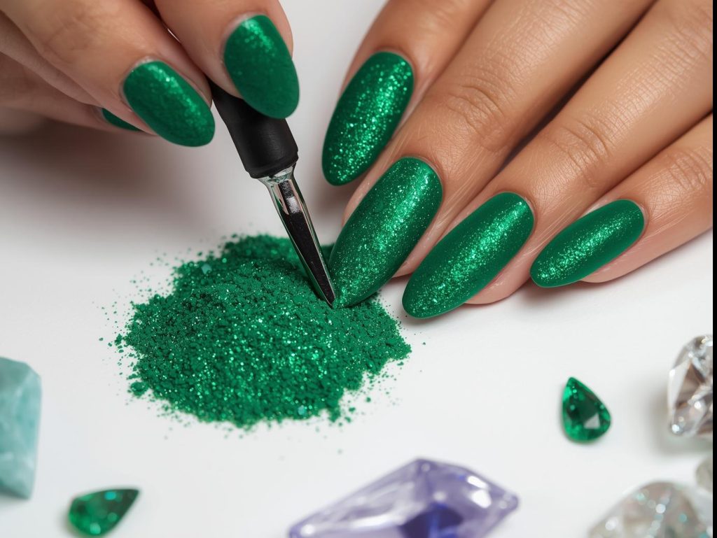 Velvet Nail Designs: Luxurious and Pinterest-Worthy Manicures to Obsess Over 8 Creating shimmering emerald green velvet nail art with green polish and velvet powder.