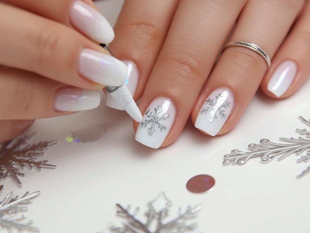 Snowflake Nail Designs: Wintry and Pinterest-Worthy Manicures to Adore 8 Creating white ombre holographic snowflake nail art with holographic snowflake details.