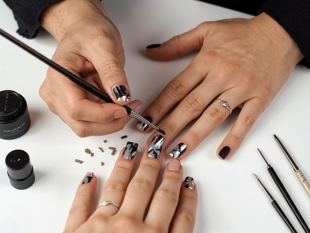 Creating matte black silver chrome abstract nail art for a nail artist portfolio.