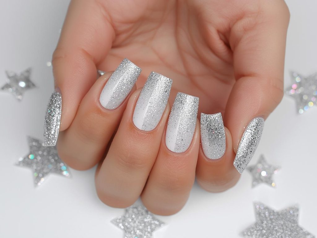 Metallic Silver Nail Designs: Sleek and Pinterest-Worthy Manicures to Adore 7 Silver ombre nail art with holographic glitter sparkles.