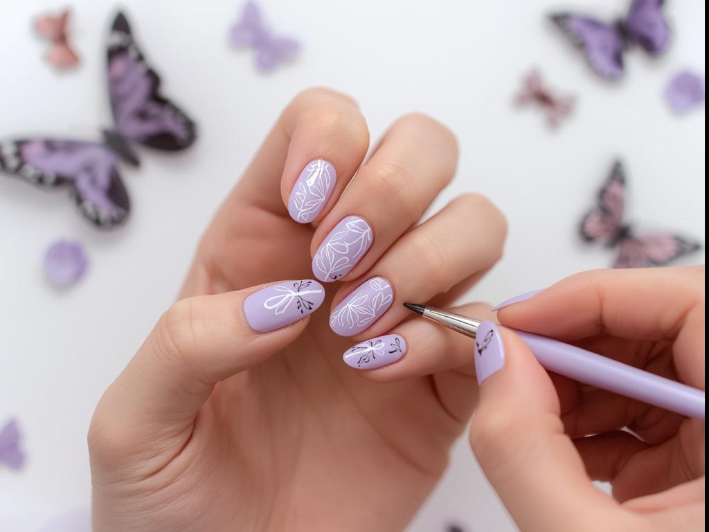 Creating delicate lavender fairy nail art with butterfly wing accents.