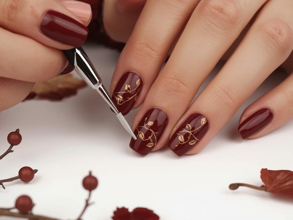 Creating deep burgundy bronze pumpkin vine nail art with bronze vine patterns.