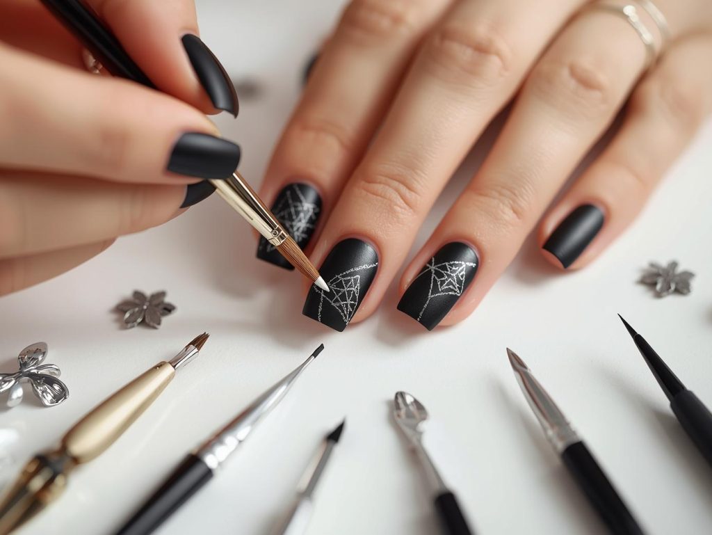 Creating matte black silver geometric manicure with silver geometric patterns.