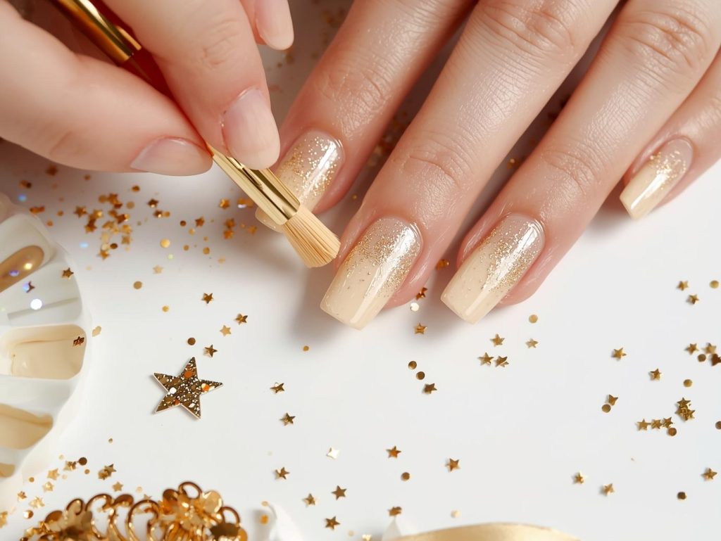 Metallic Gold Nail Designs: Opulent and Pinterest-Worthy Manicures to Adore 8 Creating gold ombre nail art with holographic glitter sparkles.