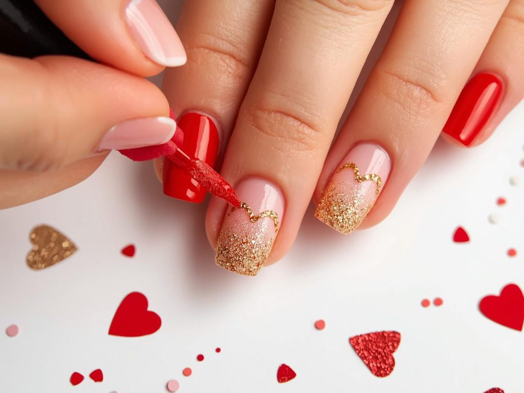 Heart Nail Designs: Romantic and Pinterest-Worthy Manicures to Adore 8 Creating red ombre gold glitter heart nail art with gold glitter heart details.