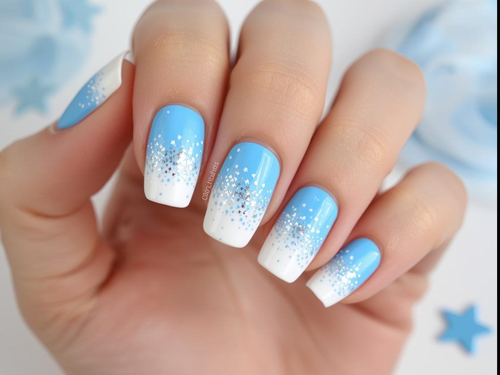 Sky Blue Nail Designs: Serene and Pinterest-Worthy Manicures to Adore 8 Creating sky blue ombre nail art with glittery star sparkles.