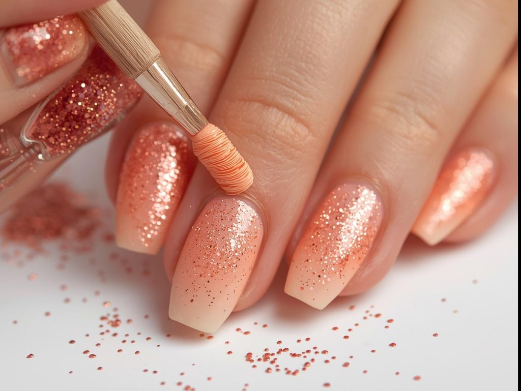Creating peach ombre nail art with glittery coral sparkles.