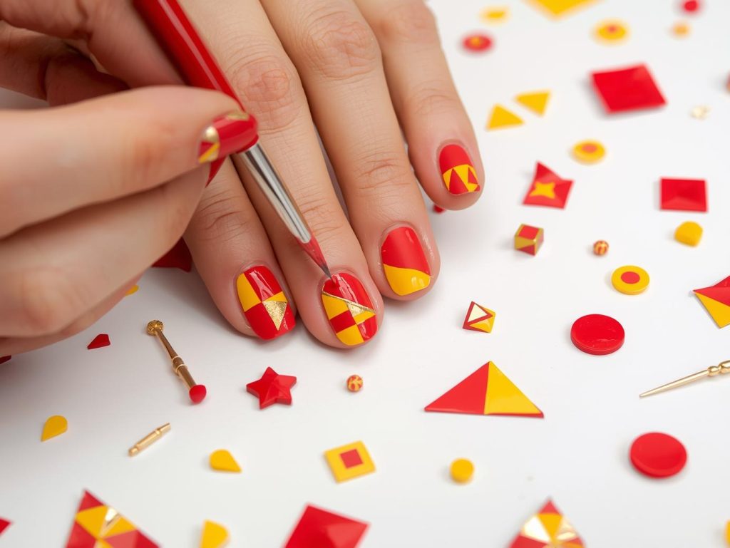 Creating bold red and yellow color block nail art with gold details.