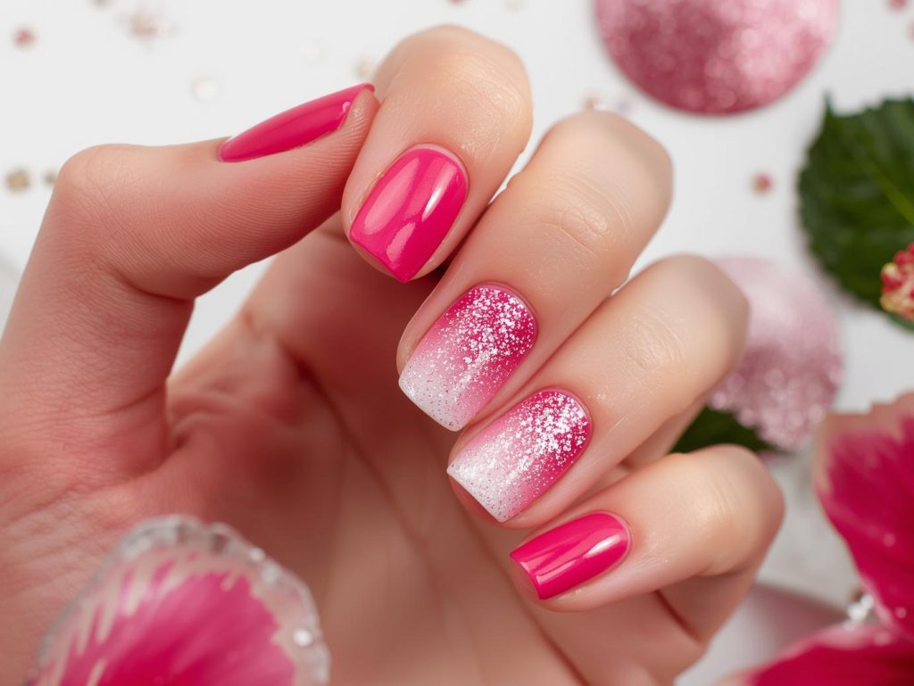 Creating hot pink ombre nail art with silver glitter sparkles.