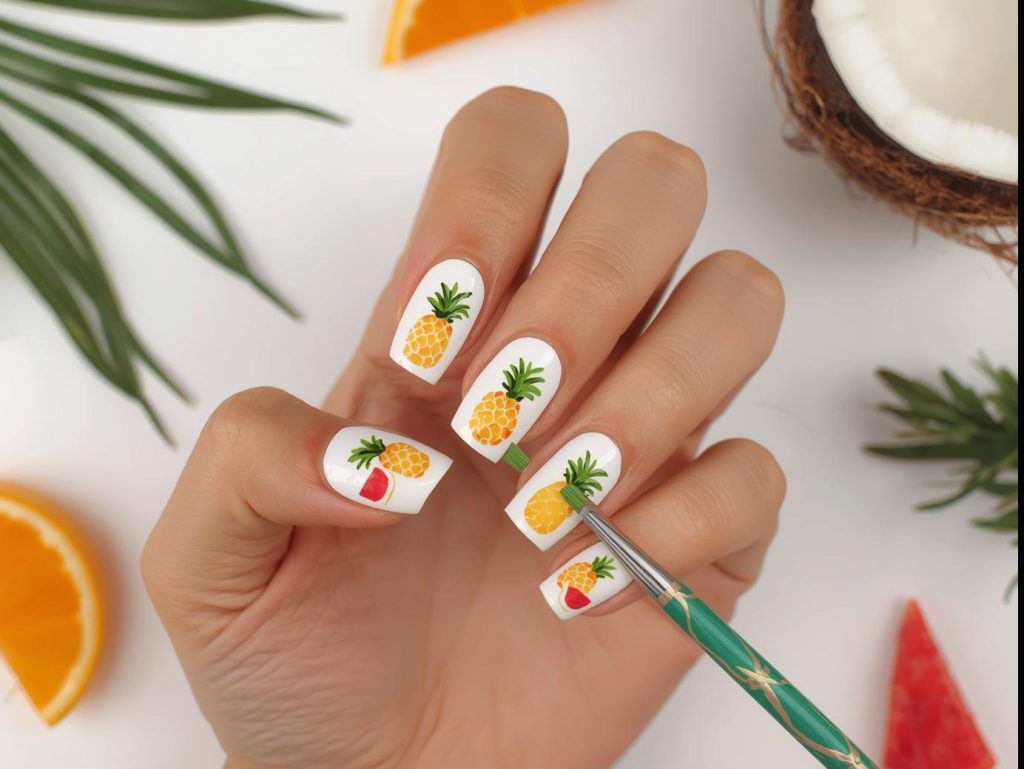 Colorful Nail Designs: Vibrant and Pinterest-Worthy Manicures to Obsess Over 8 Creating tropical fruit pattern colorful nail art with pineapple and watermelon designs