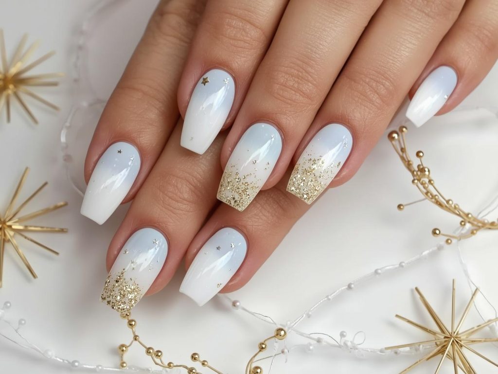 Creating white ombre gold glitter starburst nail art with gold glitter starburst details.