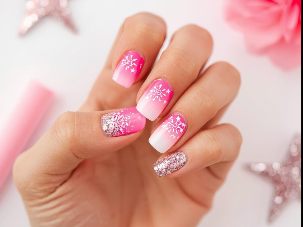 Creating neon pink ombre nail art with glittery star bursts.
