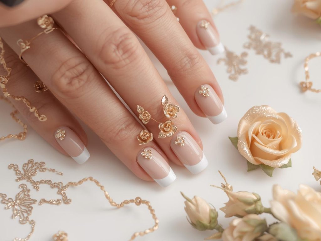 Creating nude base lavender flower nail art with lavender flower details.
