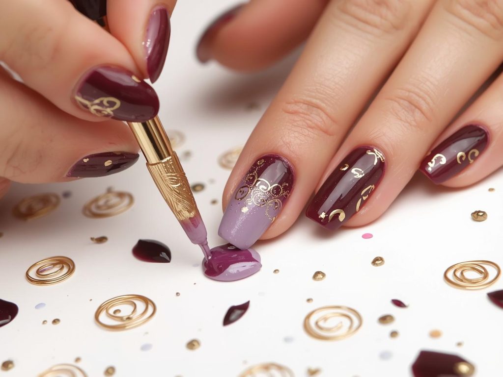 Creating deep plum ombre gold swirl nail art with gold swirl details.