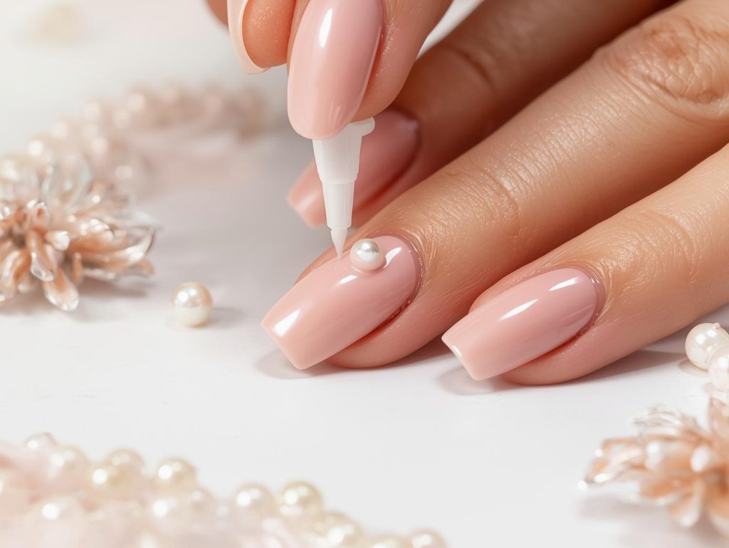 Creating classic blush pink pearl embellishment nail art with pearl accents.
