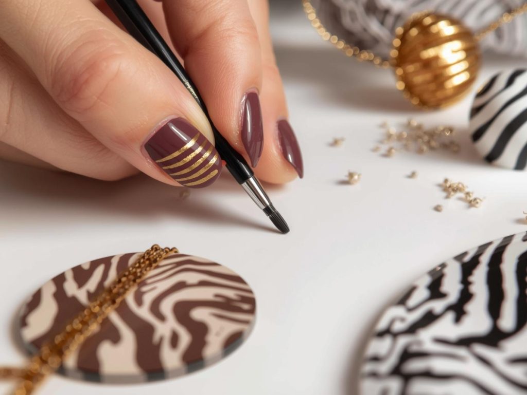 Creating deep taupe gold zebra nail art with gold zebra stripe patterns.
