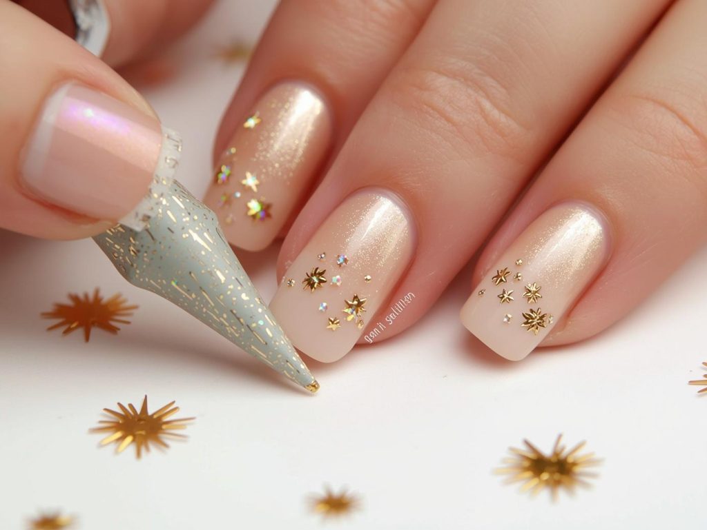  Creating champagne gold ombre nail art with holographic starburst details.