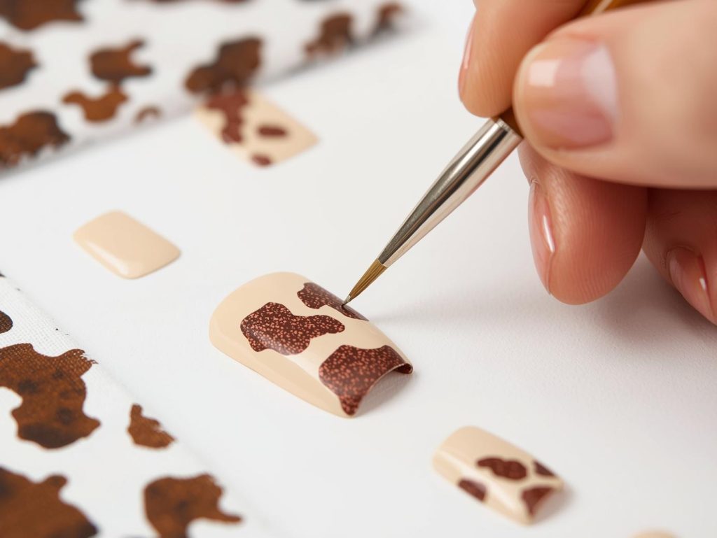 Cow Print Nail Designs: Playful and Pinterest-Worthy Manicures to Adore 8 Creating creamy beige brown cow nail art with brown cow patch patterns.