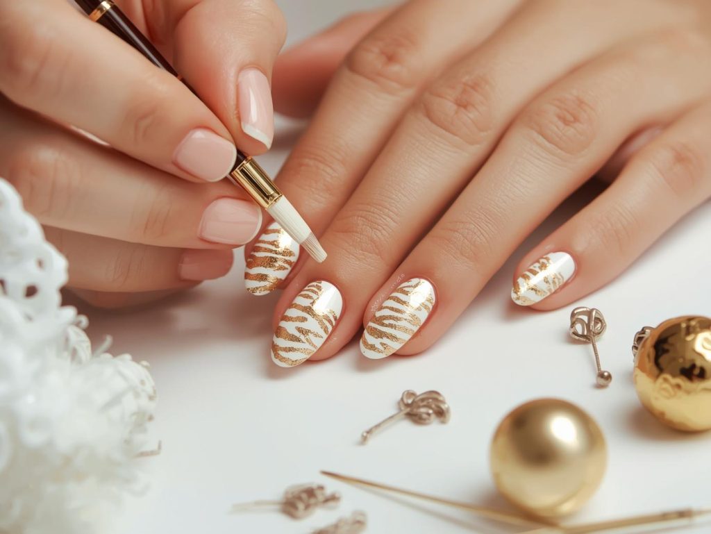 Zebra Print Nail Designs: Bold and Pinterest-Worthy Manicures to Adore 8 Creating ivory gold zebra nail art with gold zebra stripe patterns.
