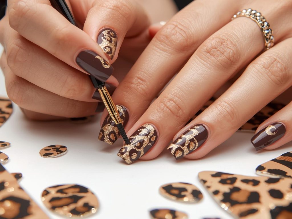 Creating deep mocha gold glitter leopard nail art with gold glitter leopard accents.