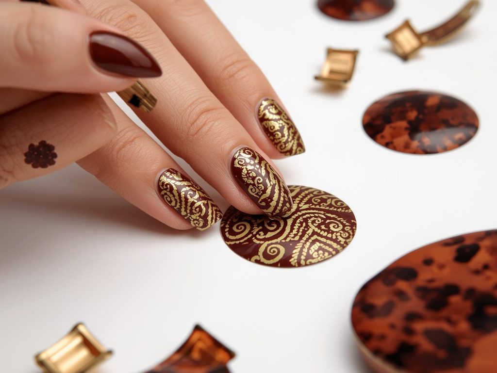 Creating deep mocha gold tortoise nail art with gold tortoise shell patterns.