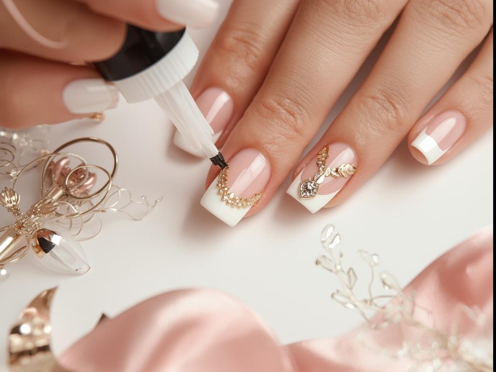 Creating white French tip nail art with gold foil accents.