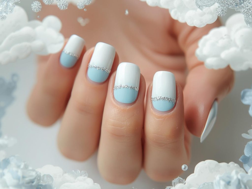 Soft Girl Nail Designs: Dreamy and Pinterest-Worthy Manicures to Adore 8 Creating baby blue ombre nail art with silver glitter cloud details.