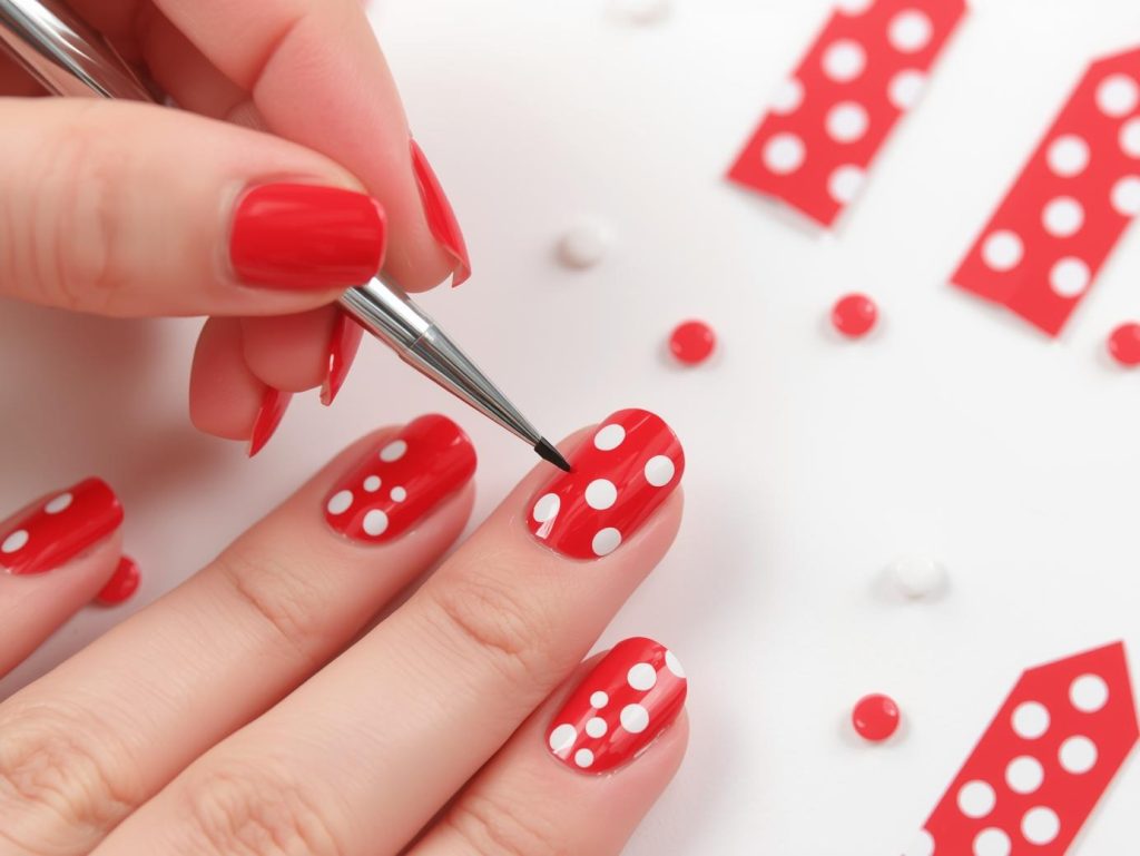 Creating vibrant red white polka dot nail art with white polka dot patterns.