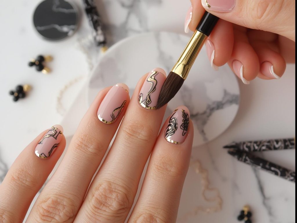 Creating gold French tip nail art with black marble accents.