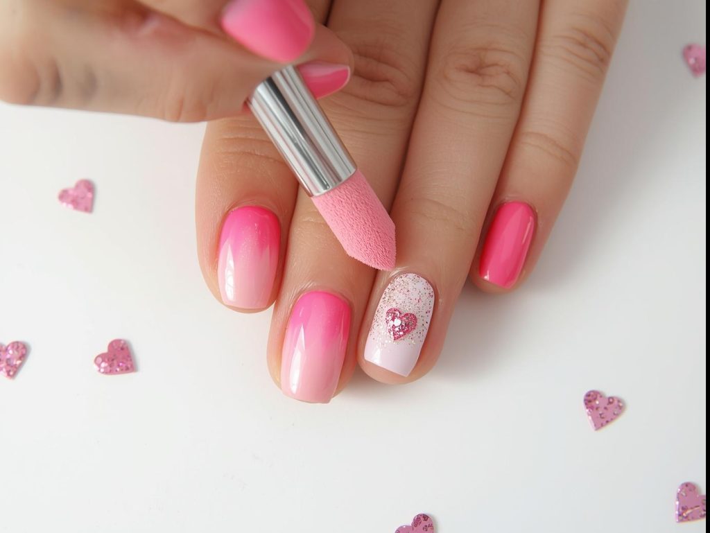 Hot Pink Nail Designs: Bold and Pinterest-Worthy Manicures to Obsess Over 8 Creating hot pink ombre nail art with glittery heart bursts