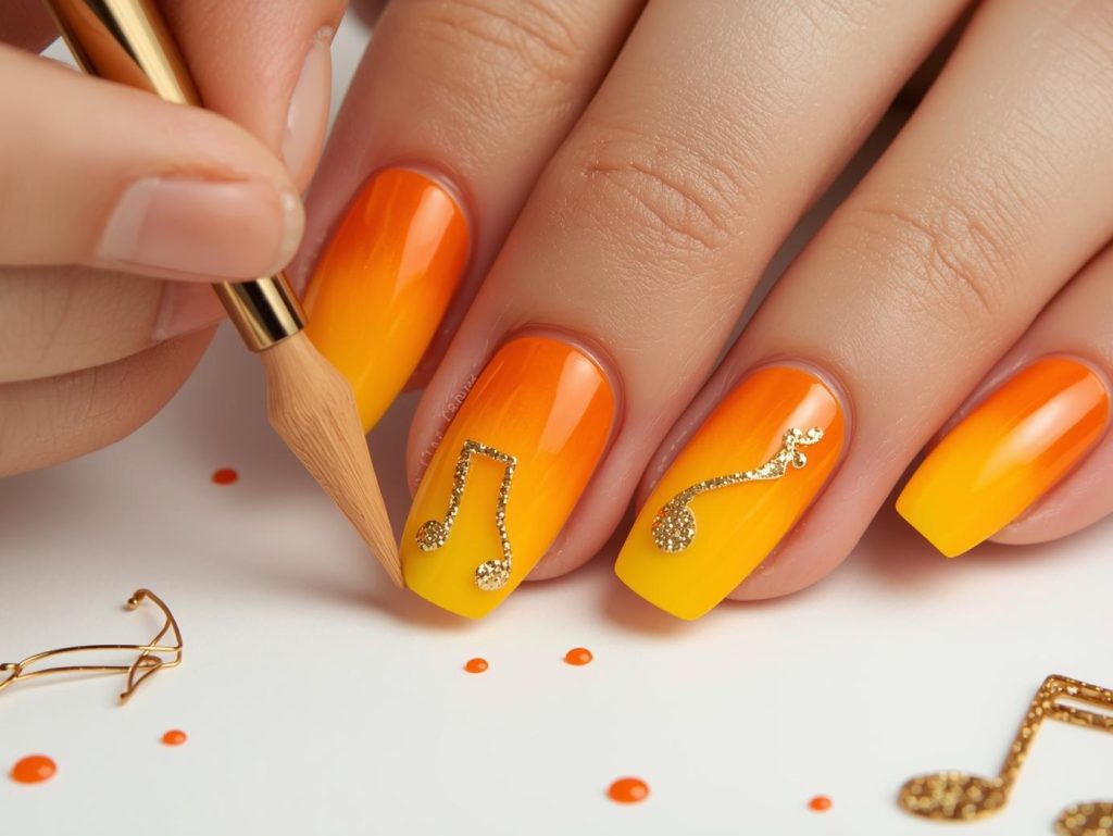 Festival Nail Designs: Vibrant and Pinterest-Worthy Manicures to Adore 8 Creating electric orange ombre nail art with gold glitter music note details.