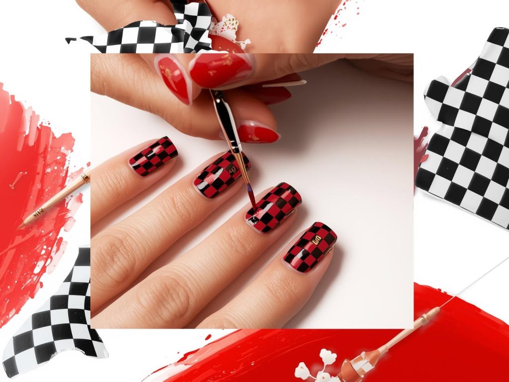 Creating red and black checkerboard nail art with gold details.