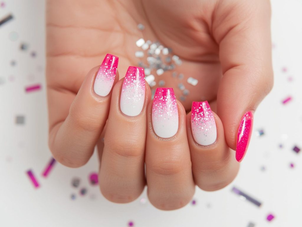 Party Nail Designs: Bold and Pinterest-Worthy Manicures to Adore 8 Creating hot pink ombre nail art with silver holographic confetti.
