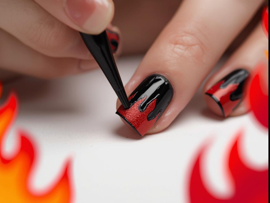 Creating matte black glossy flame nail art with glossy black polish