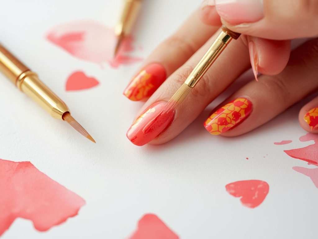 Watercolor Nail Designs: Dreamy and Pinterest-Worthy Manicures to Adore 8 Creating vibrant coral pink and yellow watercolor nail art with pink and yellow blends.