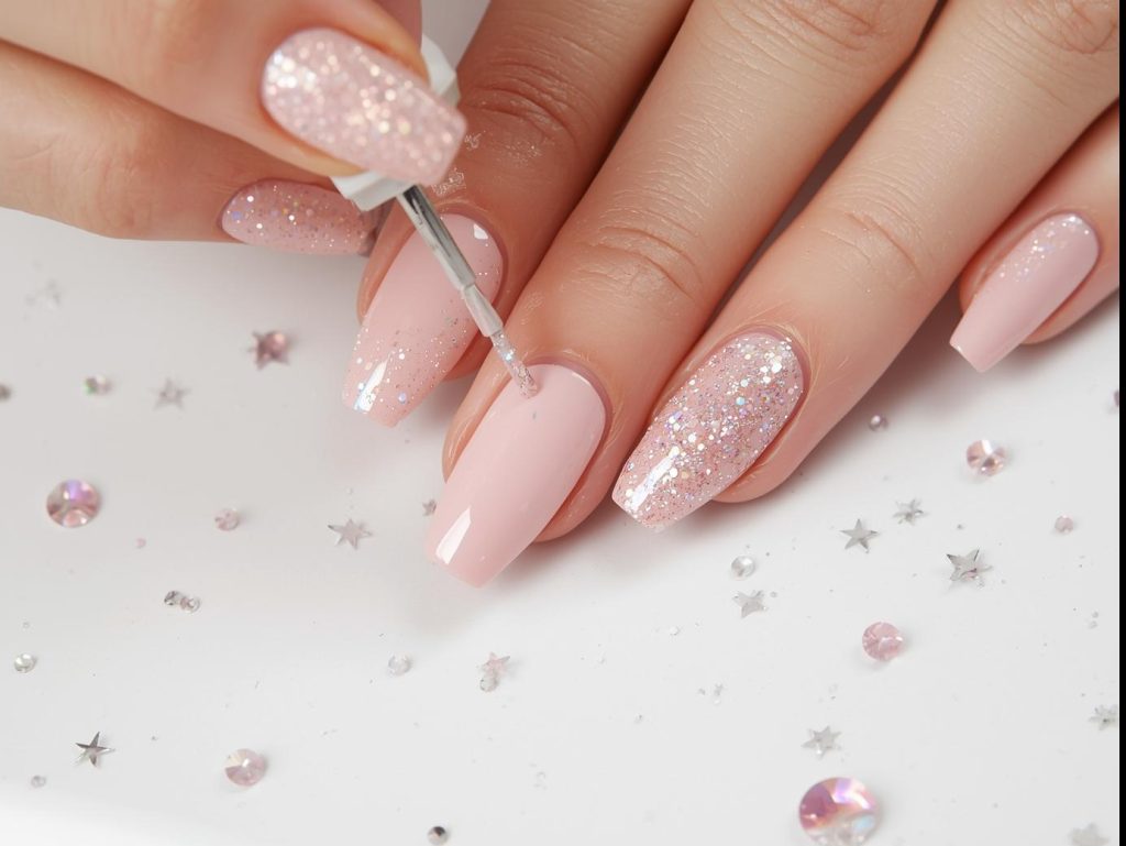 Creating soft pink holographic glitter accent nail art with holographic polish