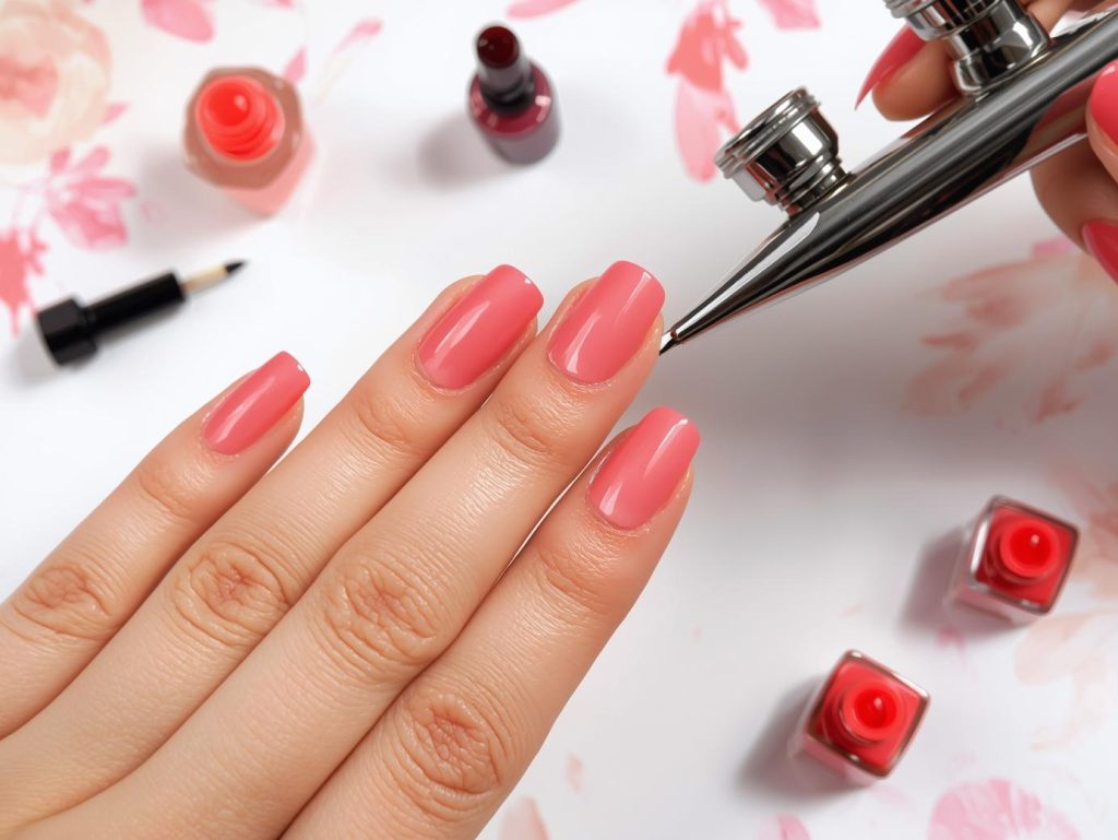 Creating vibrant coral pink ombre airbrush nail art with pink ombre accents.
