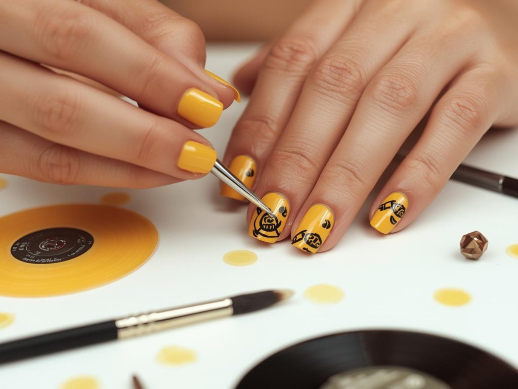 Creating mustard yellow black vinyl record nail art with black patterns.